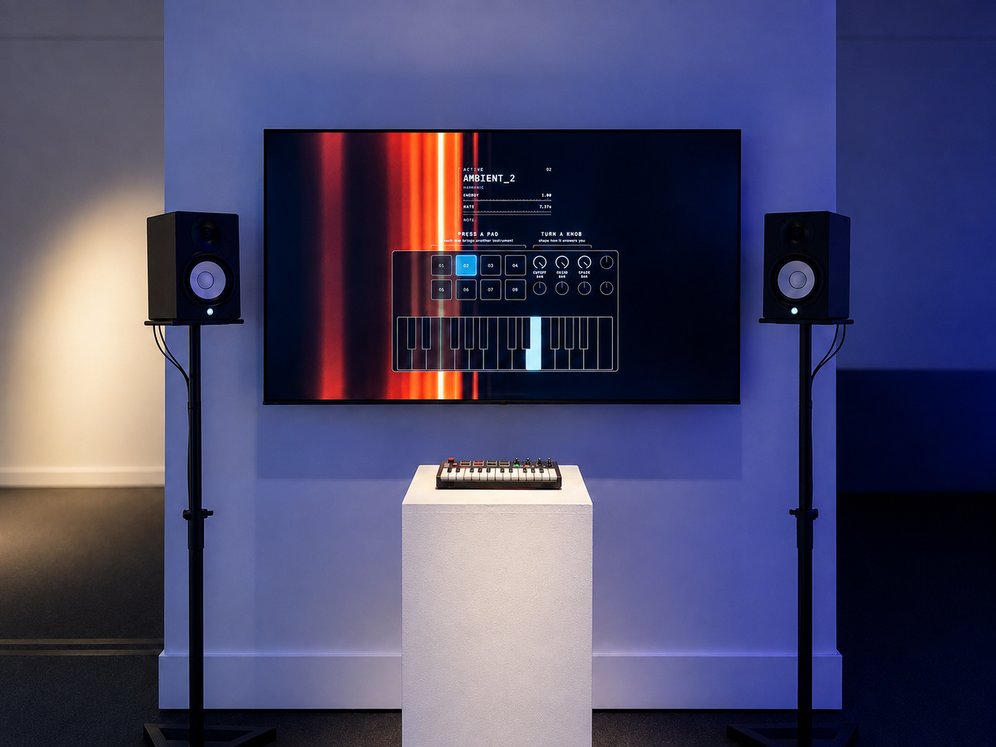 The Parallel Play installation: a wall-mounted screen showing the AMBIENT_2 interface, flanked by monitor speakers, with the MIDI controller on a white plinth.