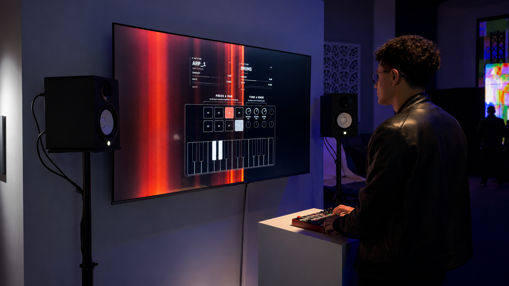 A visitor playing the controller with both hands as the screen shows the ARP_1 and DRUMS instruments running together.