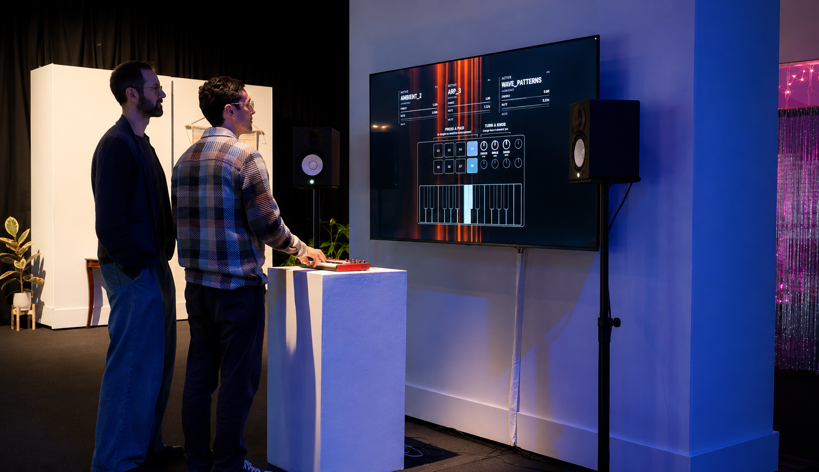 Two visitors at the showcase, one playing the red MIDI controller on a plinth while the wall screen shows the AMBIENT_2 interface.